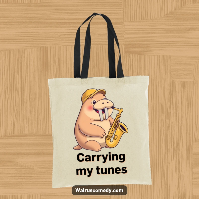 Funny tote bag depicting a smiling walrus playing a saxophone with a jaunty cap, ready to carry your musical essentials.