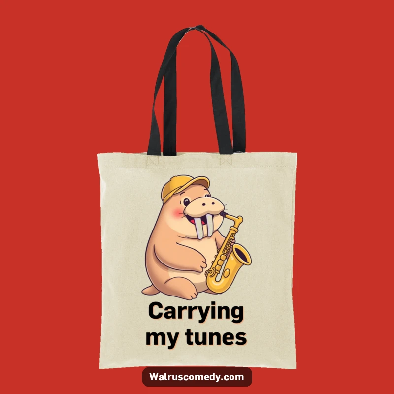 Funny Walrus Saxophone Tote Bag: Happy Musician with Cap - Music Lover Funny Gift