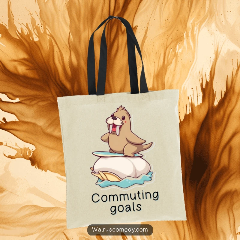 Funny tote bag illustration of a walrus excitedly surfing on a giant clam, perfect for shoppers.