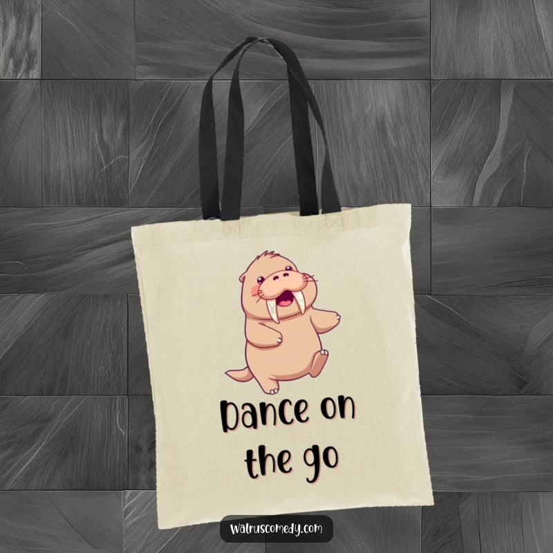Funny kawaii walrus character doing a playful dance, its tusks swinging prominently, depicted on a practical tote bag.