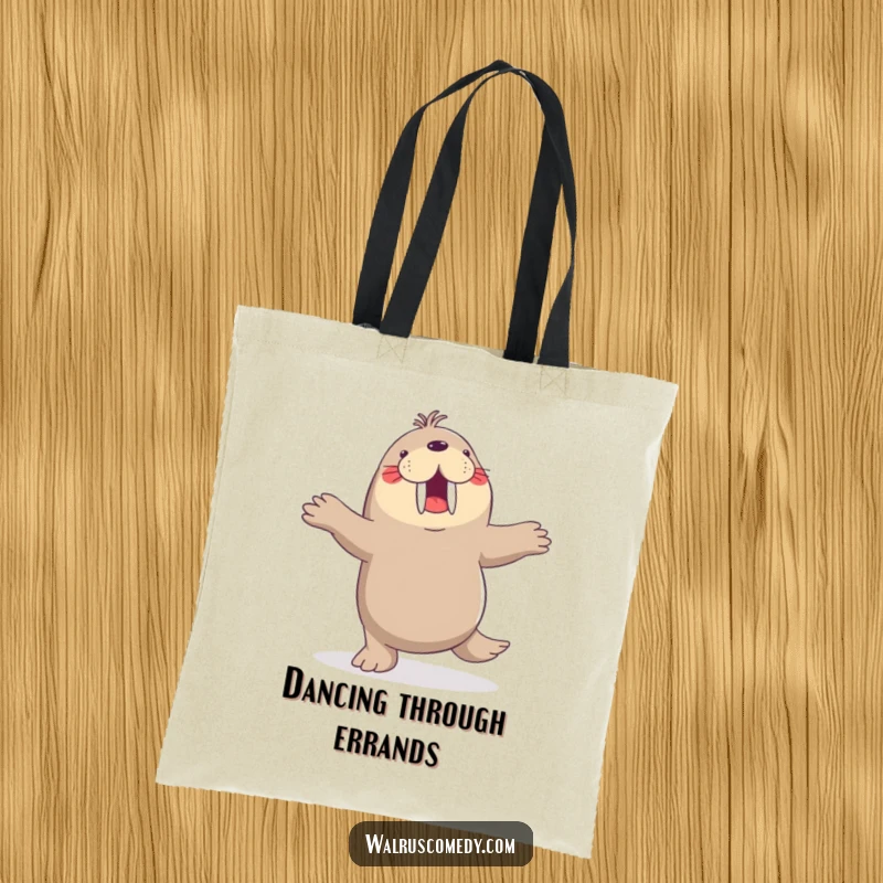 Funny tote bag, walrus dancing a jig, flippers in the air, joyful, practical, perfect for everyday use.