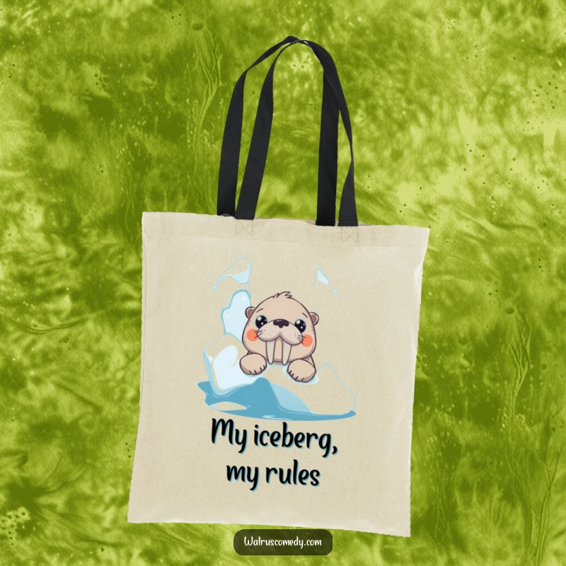 Funny tote bag featuring a curious walrus with oversized eyes peeking from an iceberg, perfect for carrying groceries or books.
