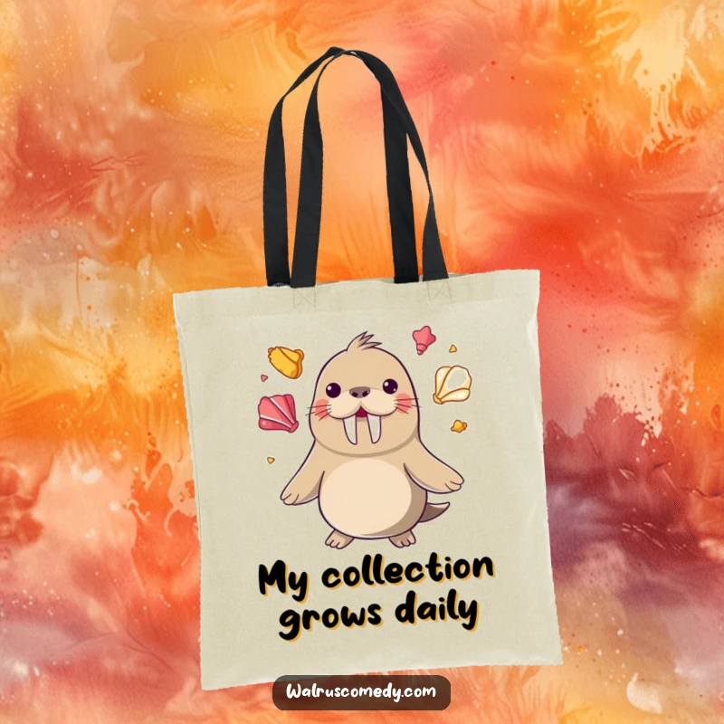 Funny happy walrus juggling colorful seashells with its flippers on a durable tote bag, a skillful funny gift.