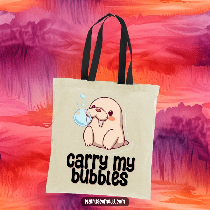 Funny kawaii walrus blowing a bubble with its flippers, looking adorably surprised, ready to carry your items in this tote.
