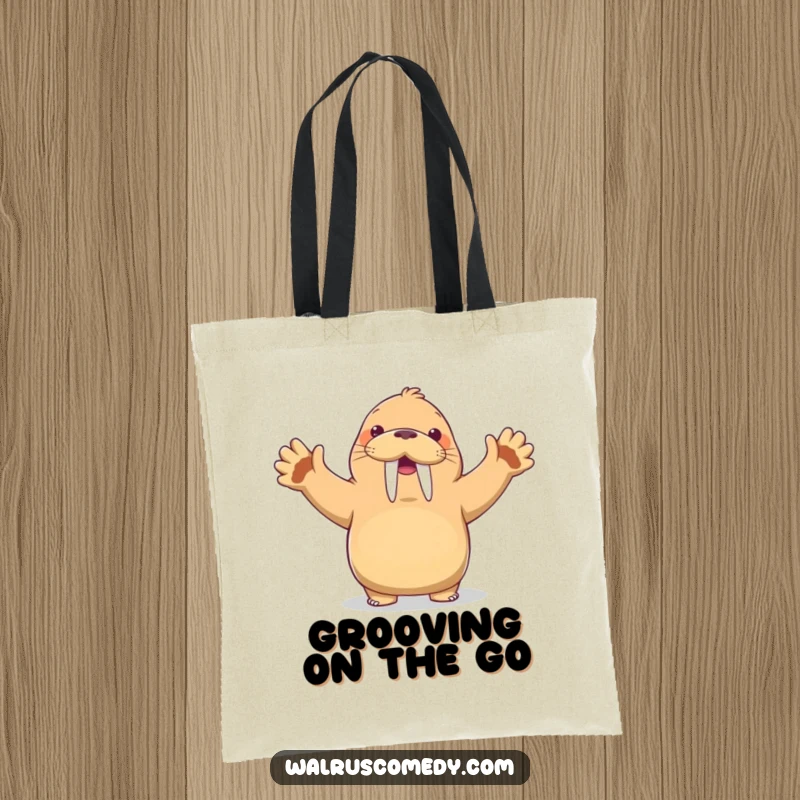 Funny Kawaii Walrus Tote Bag: A walrus dances energetically with flippers up and a wide smile, carrying your items with humorous flair.