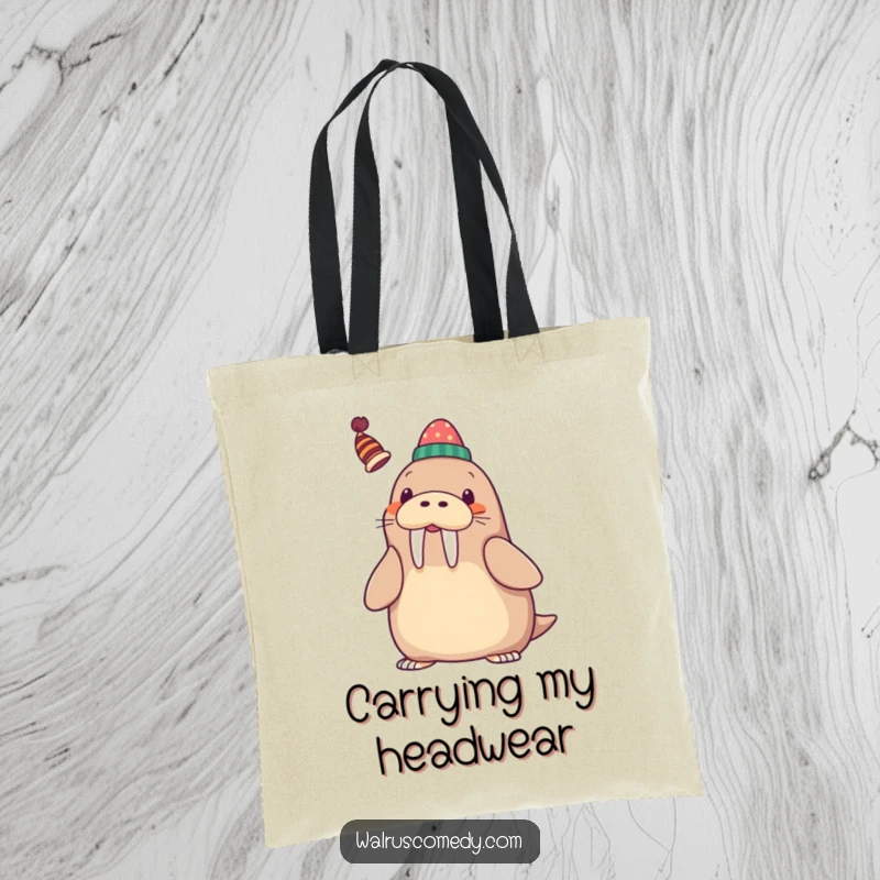 Funny Tote Bag showcasing a kawaii walrus playfully balancing a small, whimsical hat on its tusk with a happy smile.
