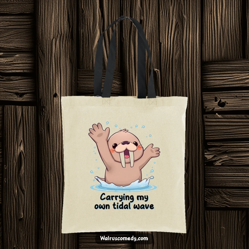 Funny Tote Bag featuring a kawaii walrus enthusiastically splashing water with its flippers, showering happy droplets everywhere.