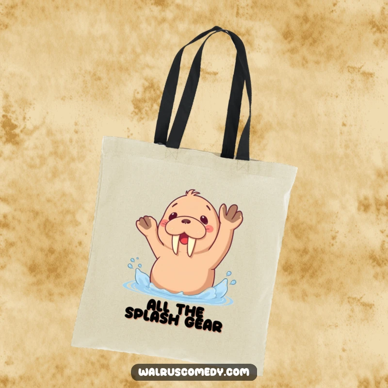 Funny tote bag showcasing a kawaii walrus energetically splashing water with its flippers, ready for everyday adventures.