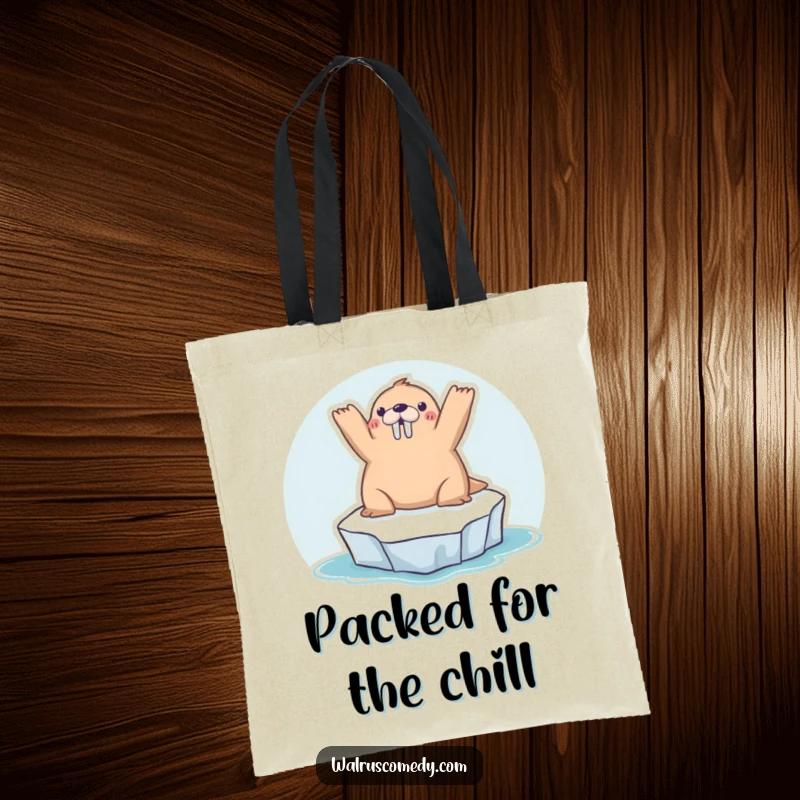 Funny kawaii walrus sunbathing on a tiny iceberg, arms raised, showing off its relaxed holiday spirit perfect for this tote bag.