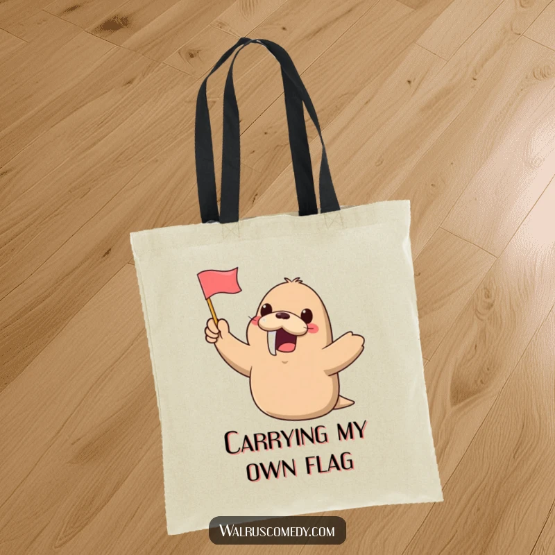 Funny Kawaii Walrus Tote Bag: A cheerful walrus excitedly waves a small flag, a delightful and funny companion for carrying your daily essentials.
