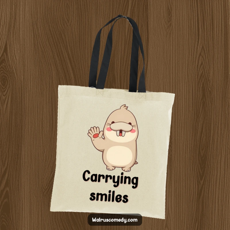 Funny tote bag featuring a kawaii walrus waving enthusiastically with a big smile, ready to carry your essentials and good vibes.