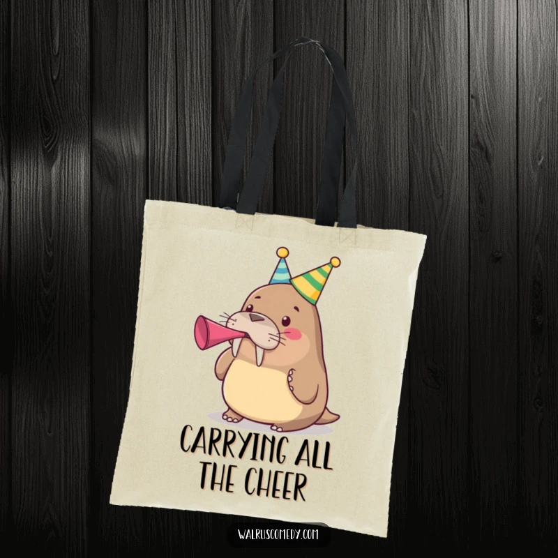 Funny cute walrus wearing a party hat and blowing a party horn on a durable tote bag, a cheerful funny gift.