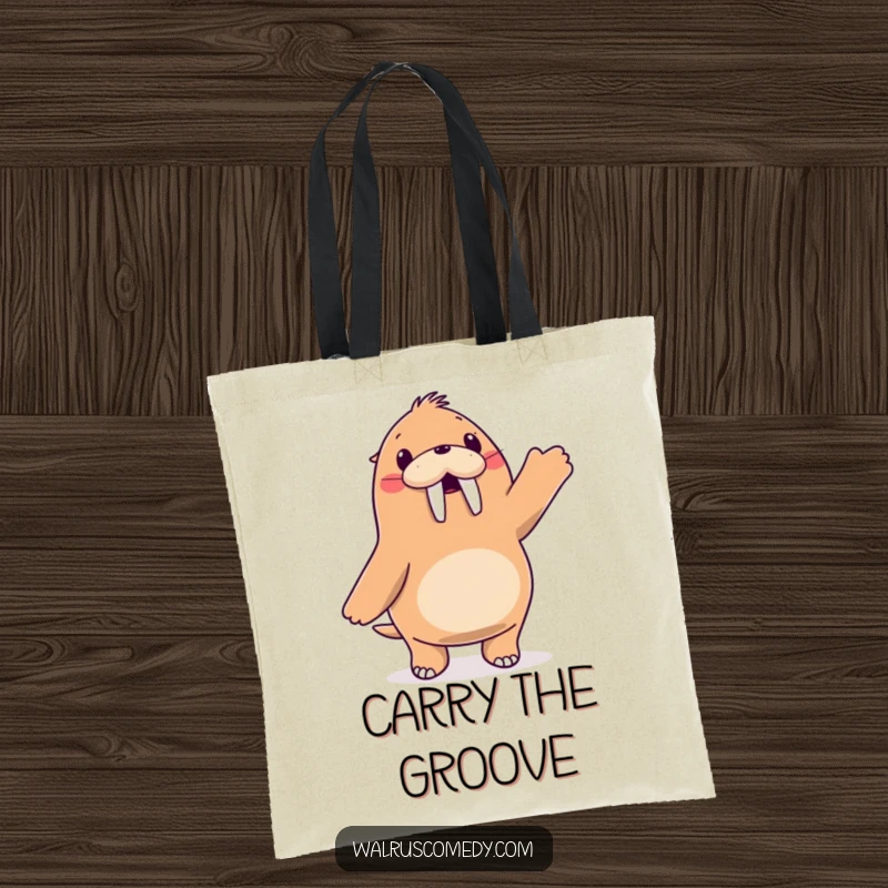 Funny walrus character joyfully dancing with its flippers in the air, durable tote bag, great for carrying party supplies.