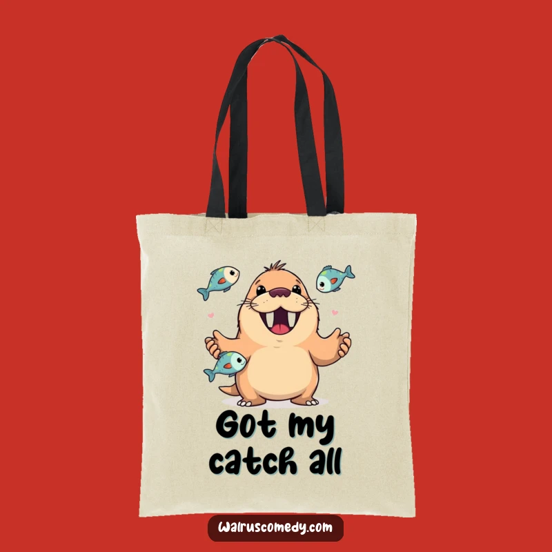 Funny Walrus Juggling Fish Tote Bag: Happy Grin - Practical Funny Gift Accessory