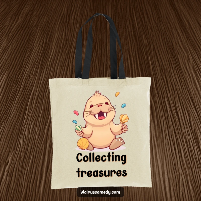 Funny Kawaii Walrus Juggling Seashells Tote Bag, a joyful walrus juggling shells, practical and cheerful accessory.