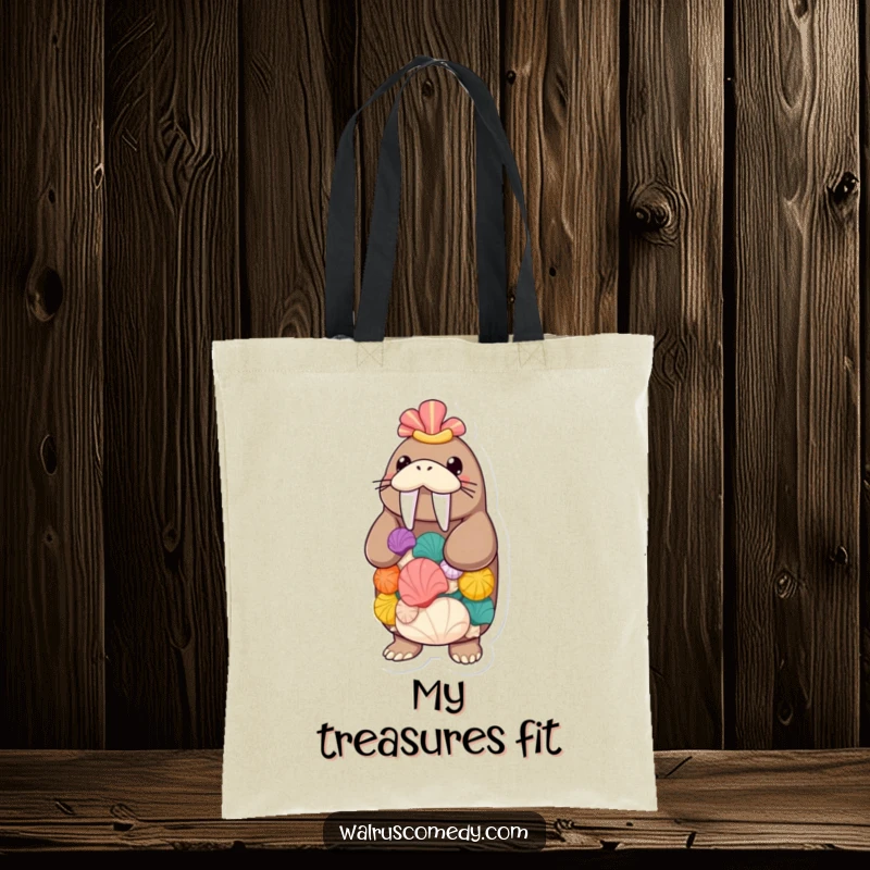 Funny walrus holding a stack of seashells, a humorous tote bag showcasing a sea creature's collection, perfect for errands.