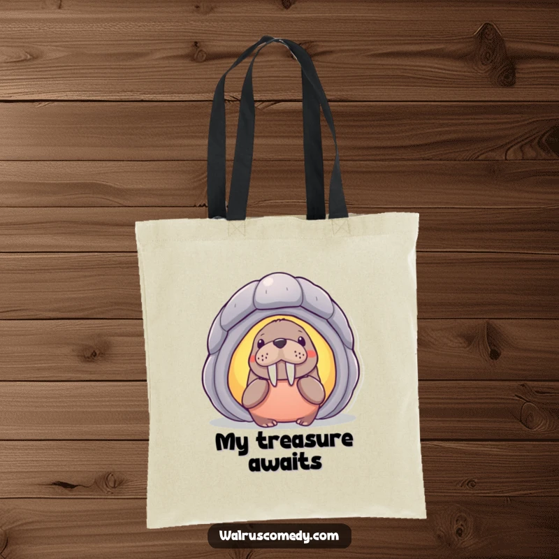Funny walrus character with wide eyes looking into a mysterious glowing shell, printed on a durable tote bag for a humorous touch