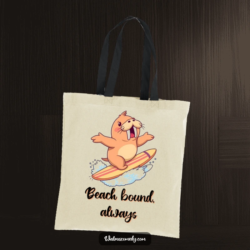 Funny tote bag showcasing an excited walrus riding a giant surfboard, complete with a lively water splash, ready for beach trips.