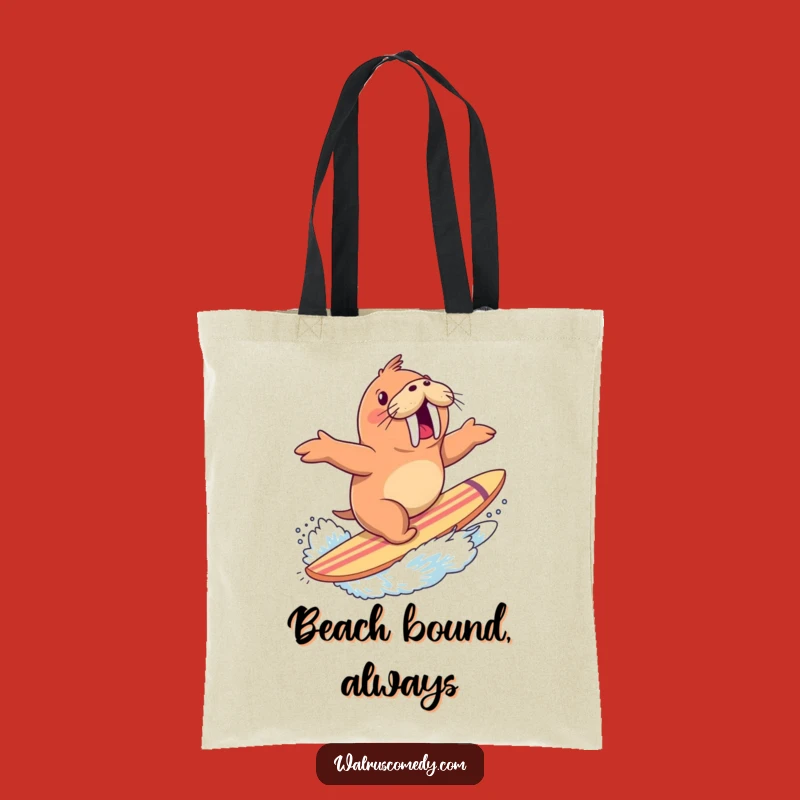 Funny Walrus Surfing Tote Bag: Excited Rider with Splash - Beach Funny Gift
