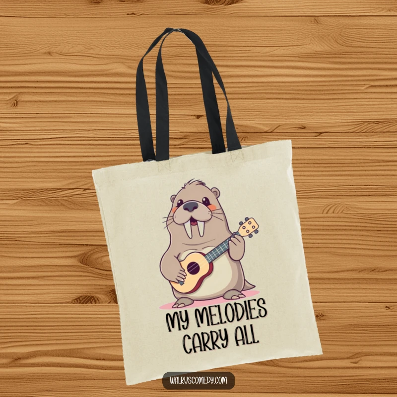 Funny walrus with ukulele, cheerful sea creature carrying groceries, a humorous musical walrus design on a durable tote bag.