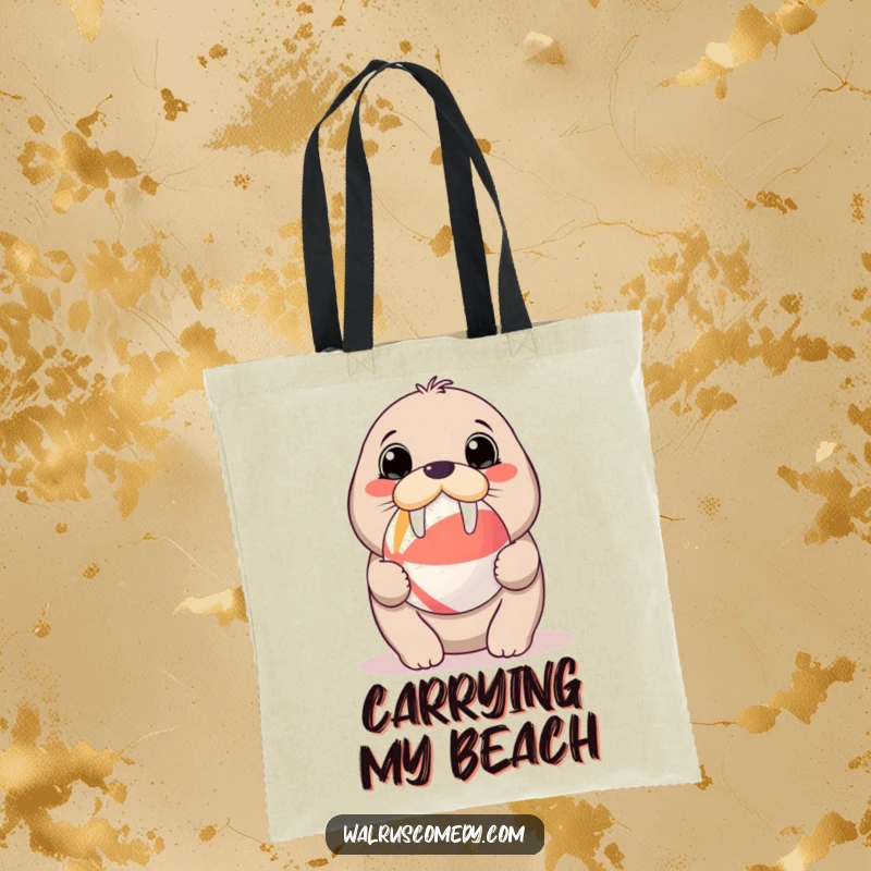 Funny cute tote bag with a kawaii walrus balancing a beach ball on its nose, perfect for carrying groceries and spreading smiles.