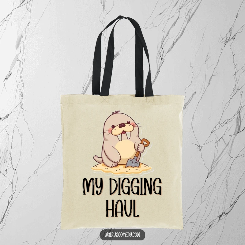 Funny Tote Bag: A happy walrus character digs in the sand with a tiny shovel, perfect for beach day needs.