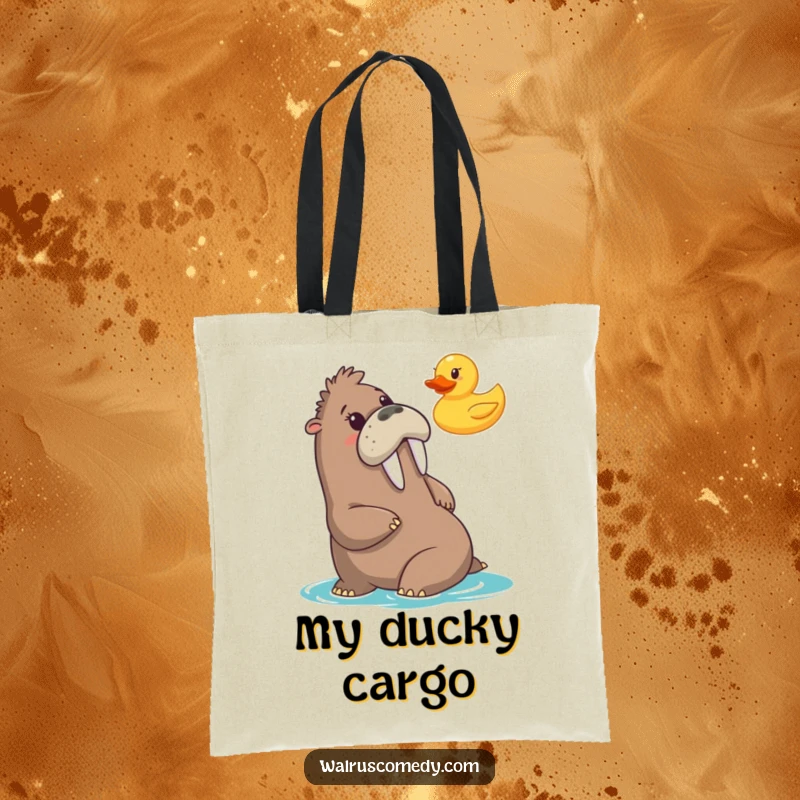 Funny tote bag showing a walrus comically surprised by a rubber duck, a whimsical and practical accessory.