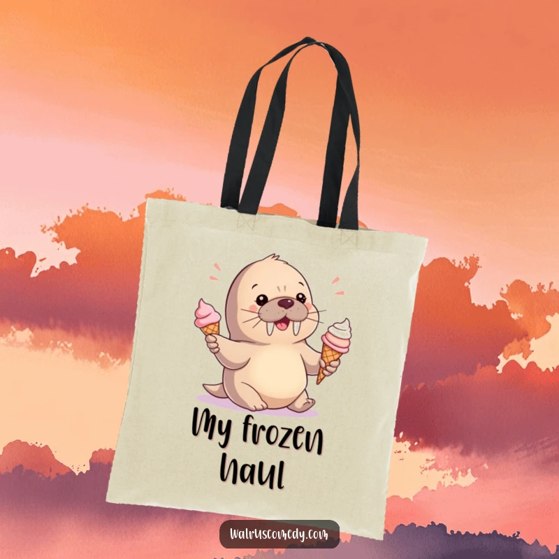 Funny Tote Bag: A cute baby walrus juggles ice cream cones, showcasing playful charm for carrying daily items.
