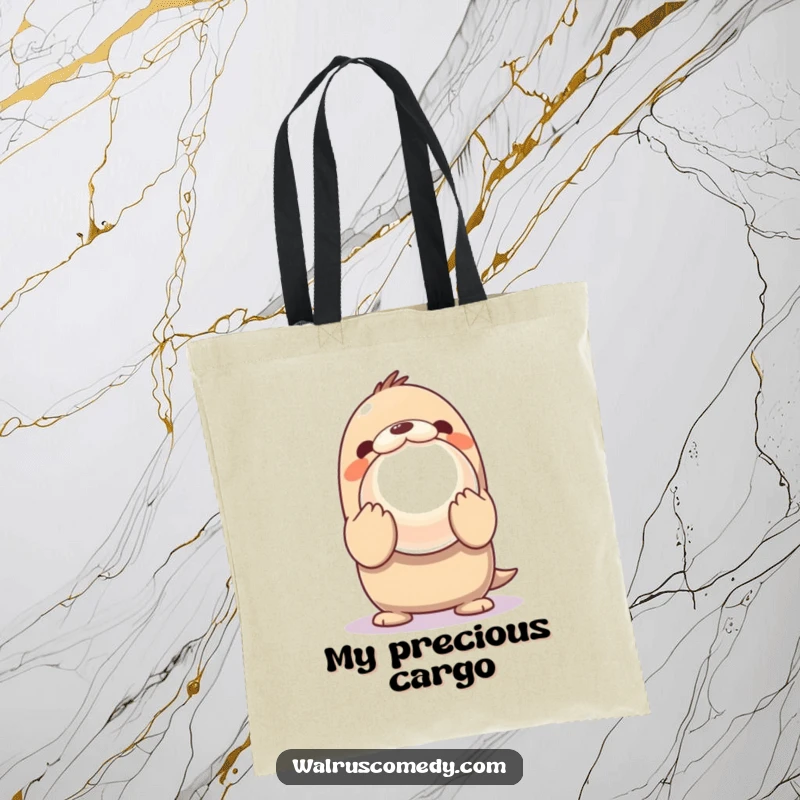 Funny Tote Bag with a Kawaii walrus excitedly presenting a huge, shiny pearl, a symbol of oceanic discovery.