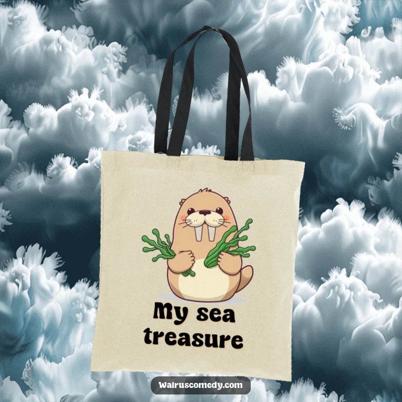 Funny tote bag showing a happy walrus character holding a bouquet of seaweed, perfect for carrying items with an oceanic touch.