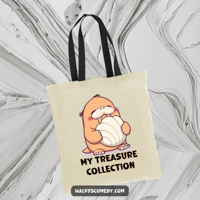 Funny Walrus Tote Bag: A happy walrus giggles while holding a giant seashell, ready to carry your beach essentials.