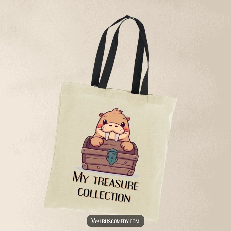 Funny tote bag with a cute walrus peeking out from a treasure chest, ideal for carrying items with a touch of playful mystery.