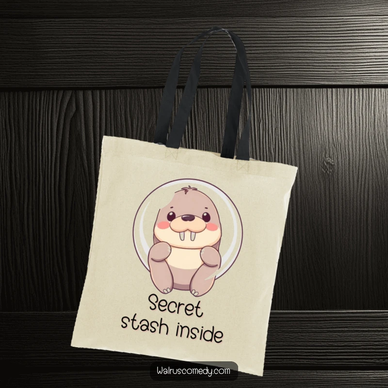 Funny Tote Bag with a Kawaii walrus shyly peeking from behind a large, luminous bubble, its soft eyes peeking out.